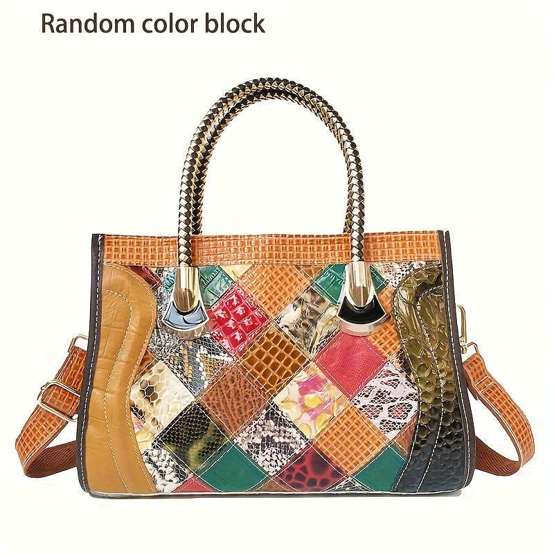 Fashion Colorblock Tote Bag, Genuine Leather Top Handle Satchel, Women's Trendy Handbag & Purse