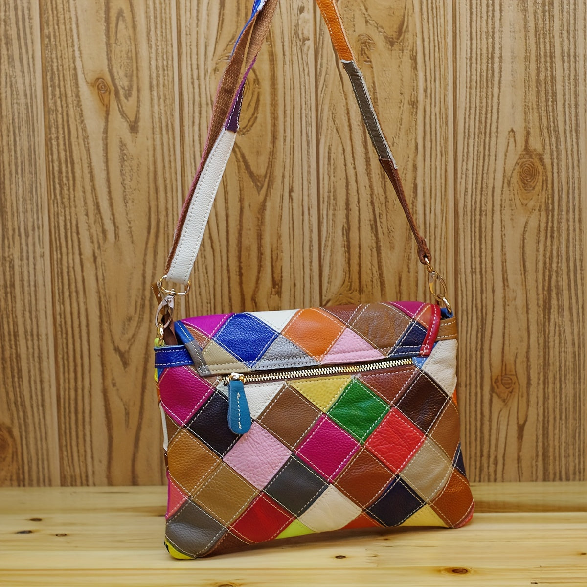 Trendy Genuine Leather Flap Crossbody Bag, Contrast Color Argyle Plaid Shoulder Bag, Perfect Messenger Bag For Daily Use