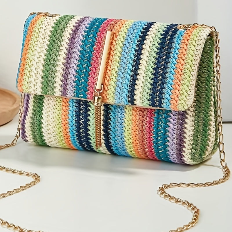 Rainbow Color Woven Shoulder Bag, Colorful Flap Crossbody Bag, Women's Stylish Handbag & Purse