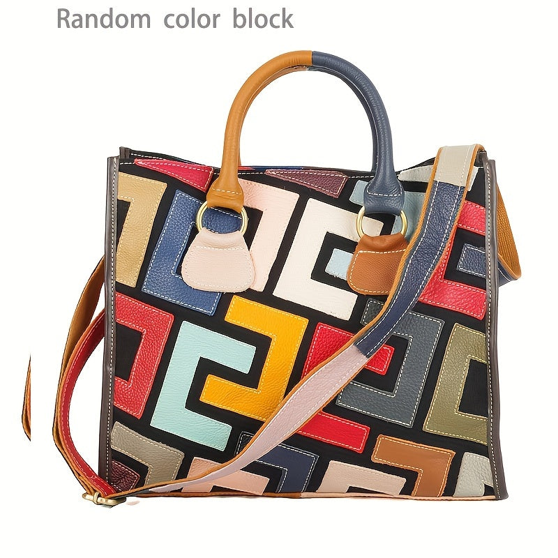 Colorblock Top Handle Satchel, Genuine Leather Crossbody Bag, Women's Fashion Handbag, Shoulder Bag & Purse